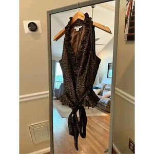 Isadora Leopard Animal Print Sleeveless Wrap Blouse LP Women’s Brown Black Ruffl
